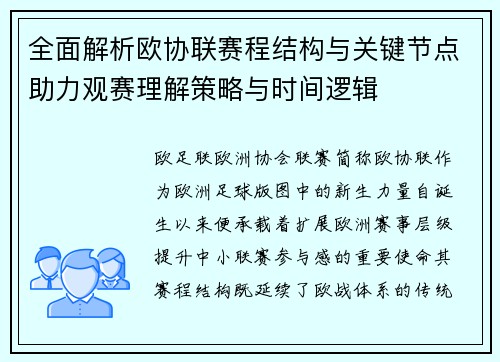 全面解析欧协联赛程结构与关键节点助力观赛理解策略与时间逻辑