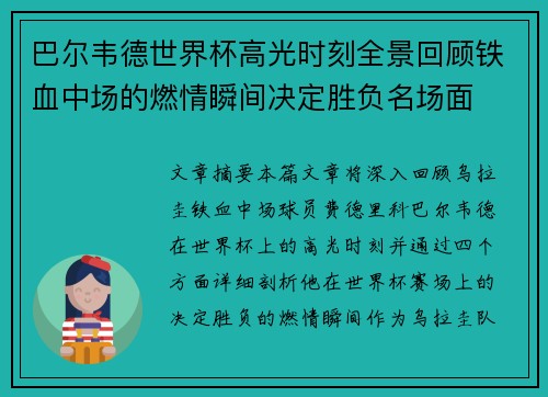 巴尔韦德世界杯高光时刻全景回顾铁血中场的燃情瞬间决定胜负名场面