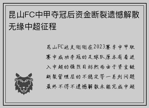 昆山FC中甲夺冠后资金断裂遗憾解散无缘中超征程